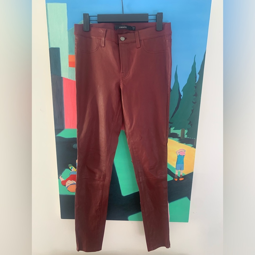 Burgundy J Brand lambskin pants worn on A Girlfriend's Guide To Divorce!